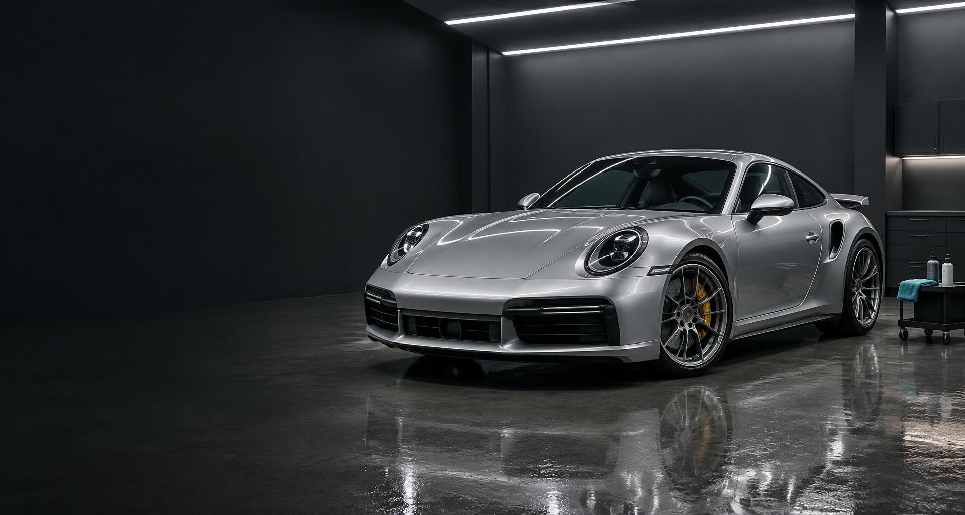 Silver sports car in a pristine detailing studio